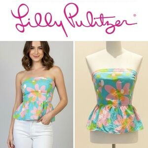 LILLY PULITZER Shandy Mojo Shorely Blue Floral Print Strapless Peplum Top